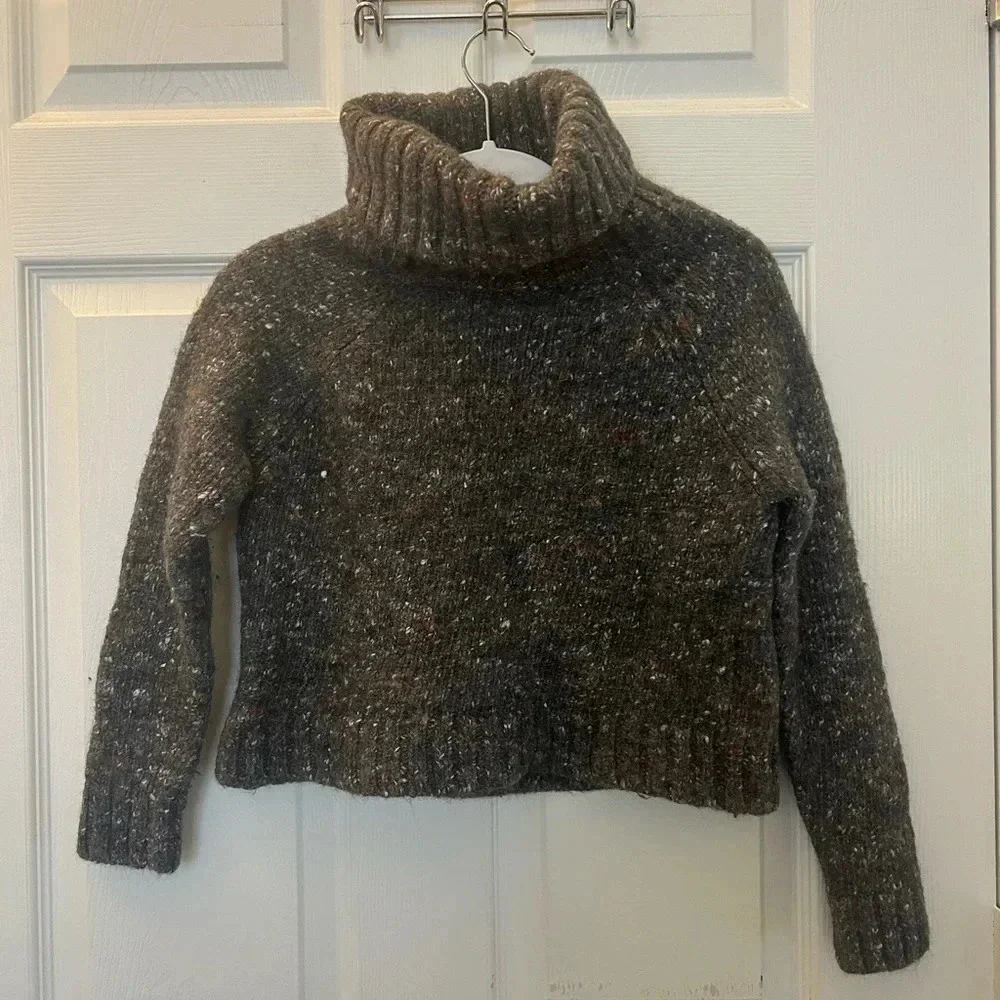 ! Jenni Kayne Wool Alpaca Silk Speckled Cropped Cable Knit Cowl Neck Sweat…